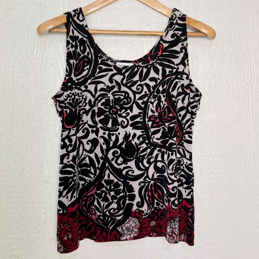 Chicos Travelers Tank Top Womens 2 Large Red Black Paisley Floral Scroll Shell